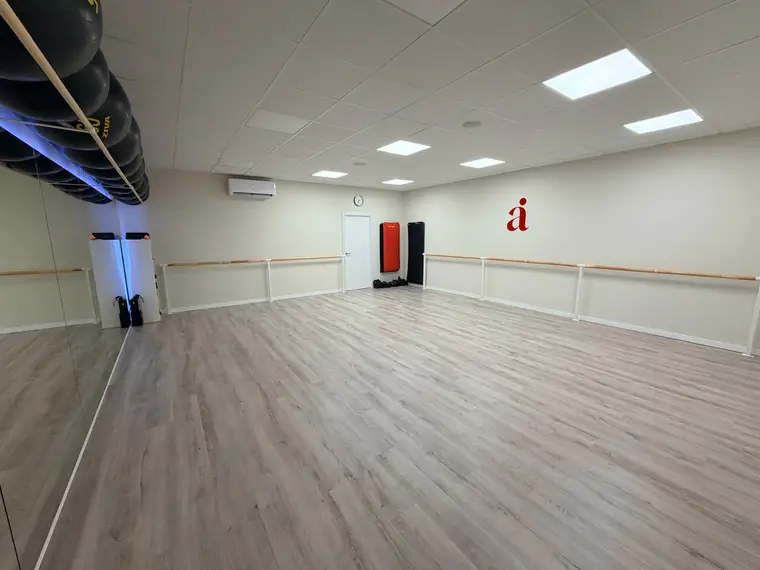Vista de la sala de Aria con el símbolo del estudio en la pared